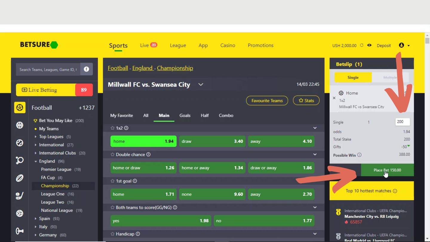 Put in the amount you want to bet and place your bet. Then, verify the betslip.
