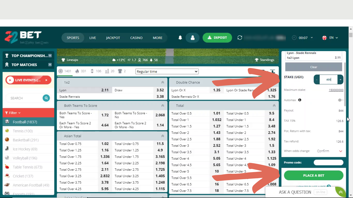 Choose the type of bet if there are multiple options available to you. Input the stake amount and click on “Place a bet” whenever you’re ready. Done!