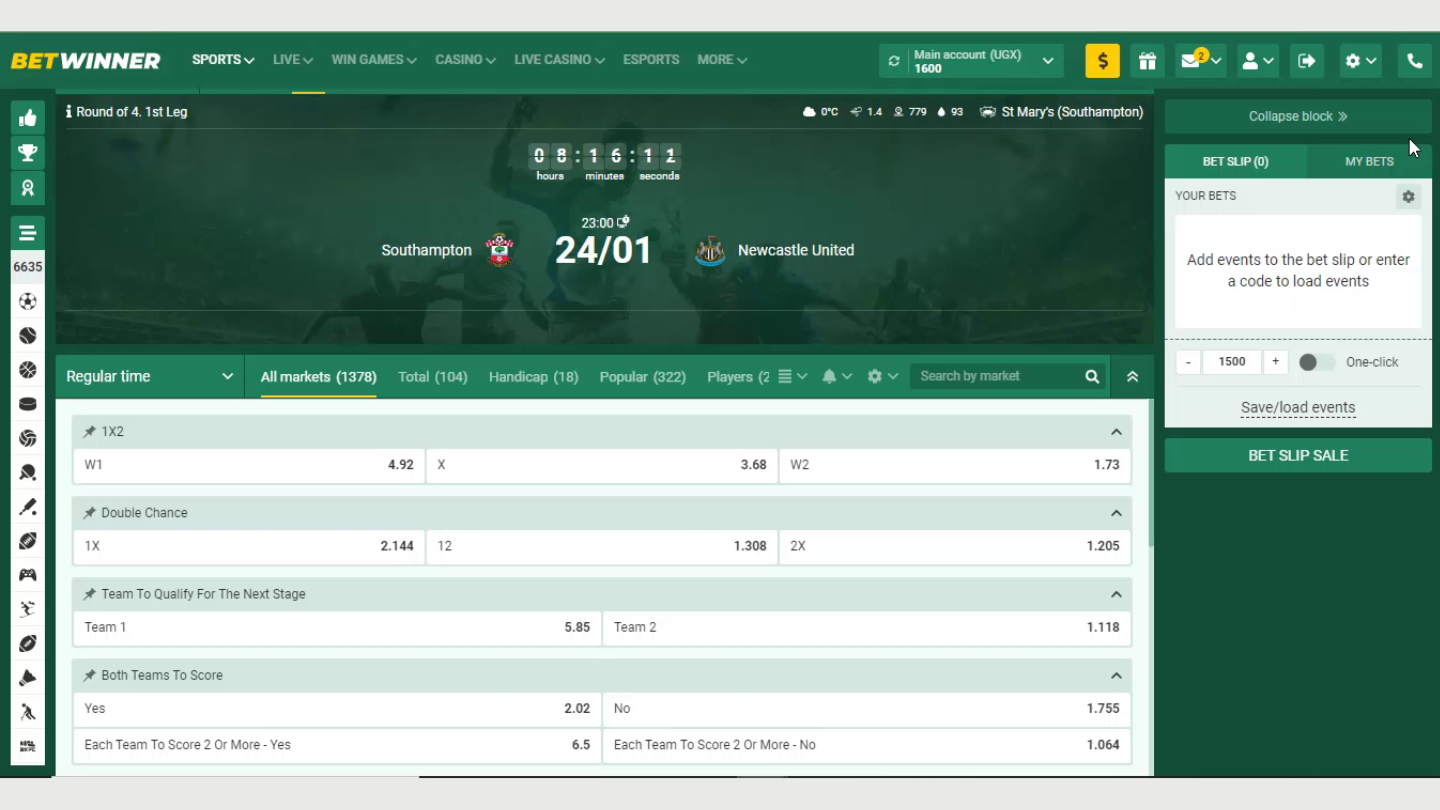 Proceed to the section with sports, where you can pick an event and check the betting options. Once it's done, choose the betting market with the better odds