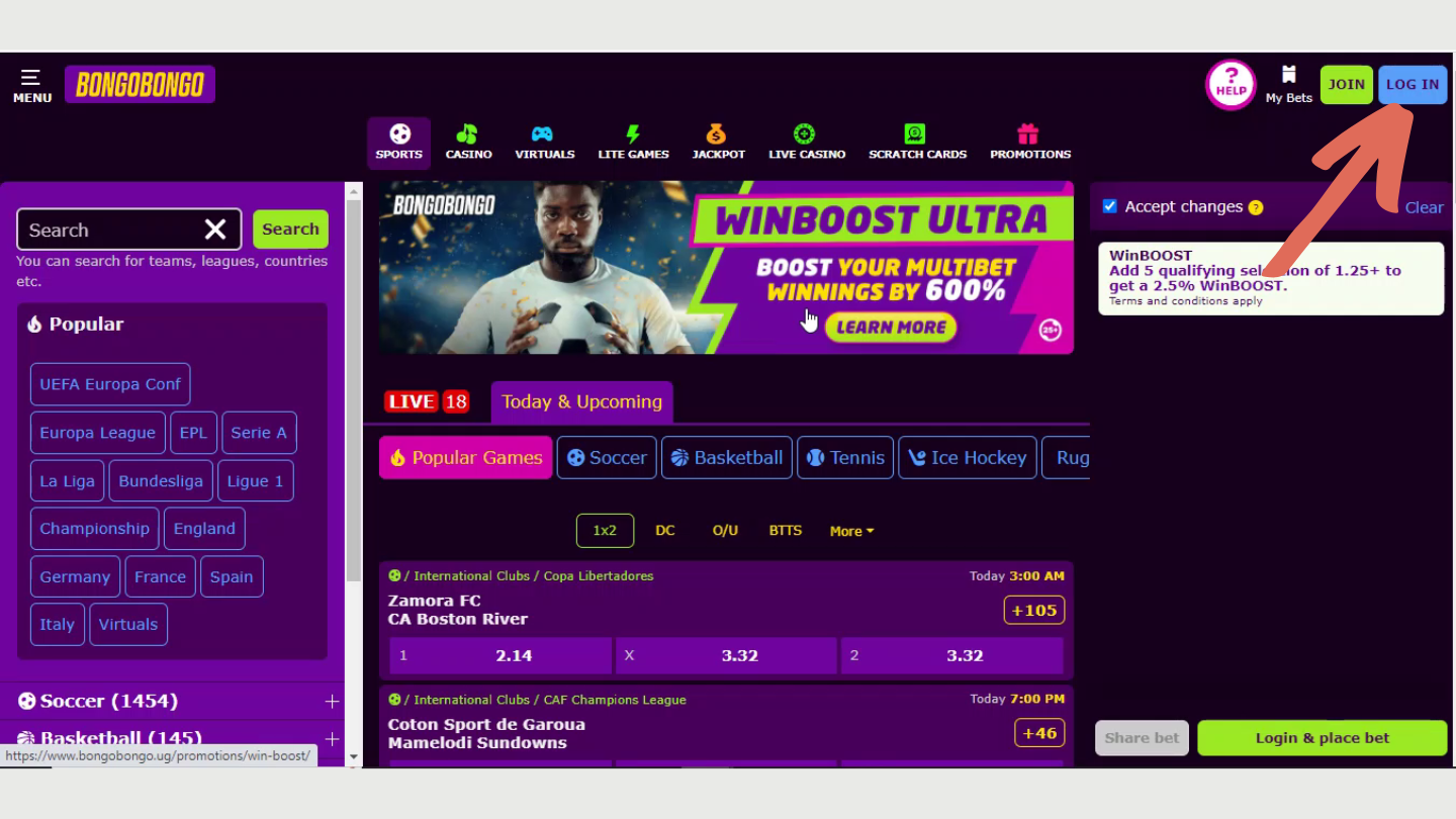 BongoBongo sports betting allows you to place bets on various games. To do so, open the BongoBongo website and log into your account.