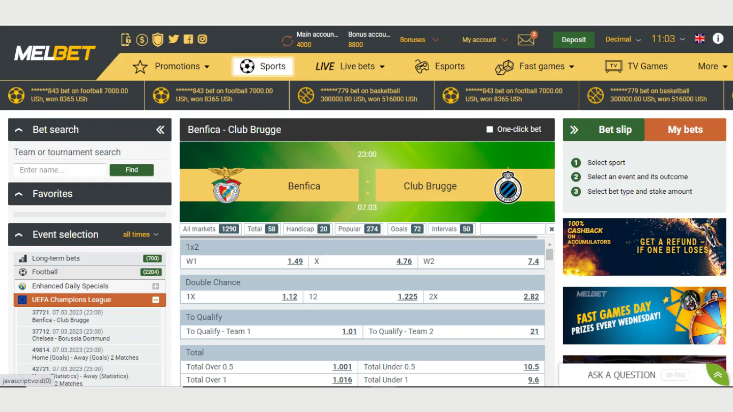 Select a sport of your liking and event you’d like to wager on. After that, create a betslip and choose a betting option.