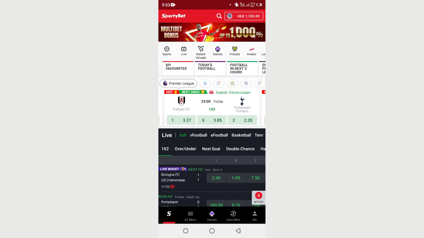 Launch the SportyBet application and make sure that you’re signed in and have enough funds on balance.