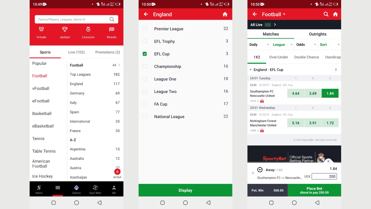 Select the sport and then pick a match you’d want to bet on and then choose the appropriate betting market and tap on it.