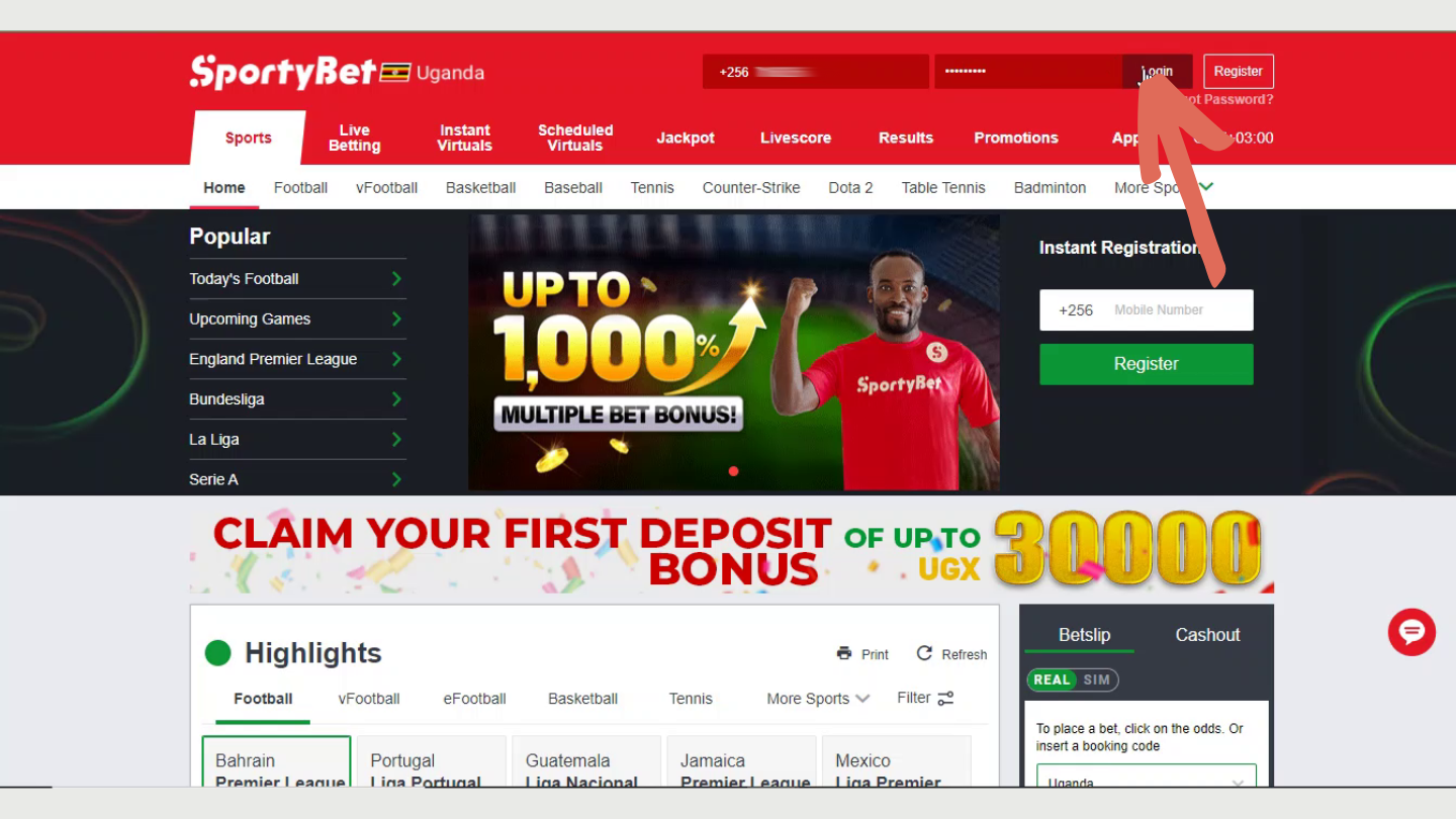 Open the official SportyBet website and then check whether you’re logged in and have enough funds on your account’s balance.