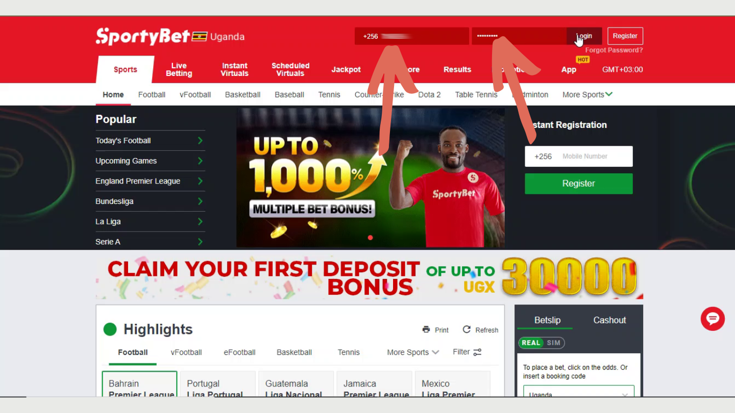 Find login fields on the website’s header or on the screen of the SportyBet app and enter the mobile number and password used while creating a profile.