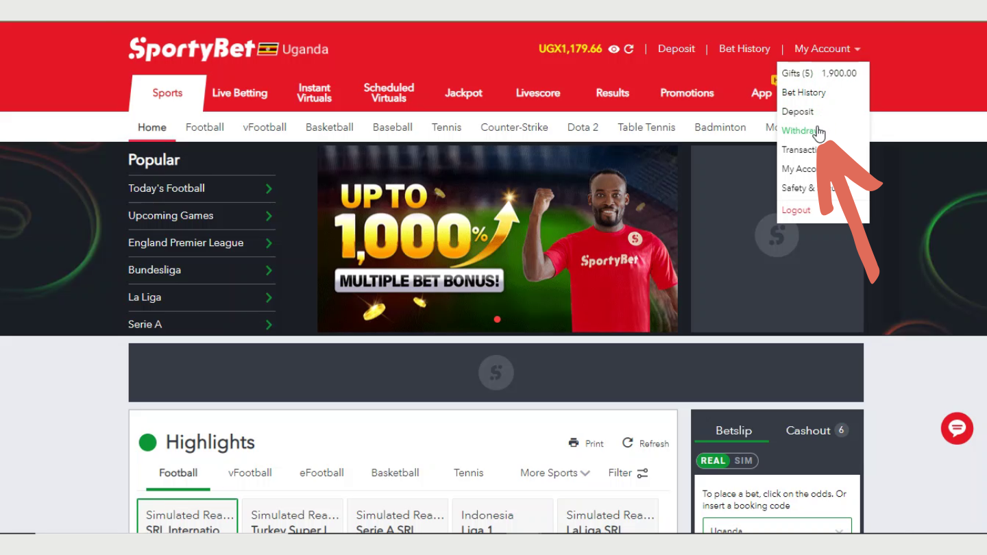 Proceed to the SportyBet website and check that you are logged in. Select the 