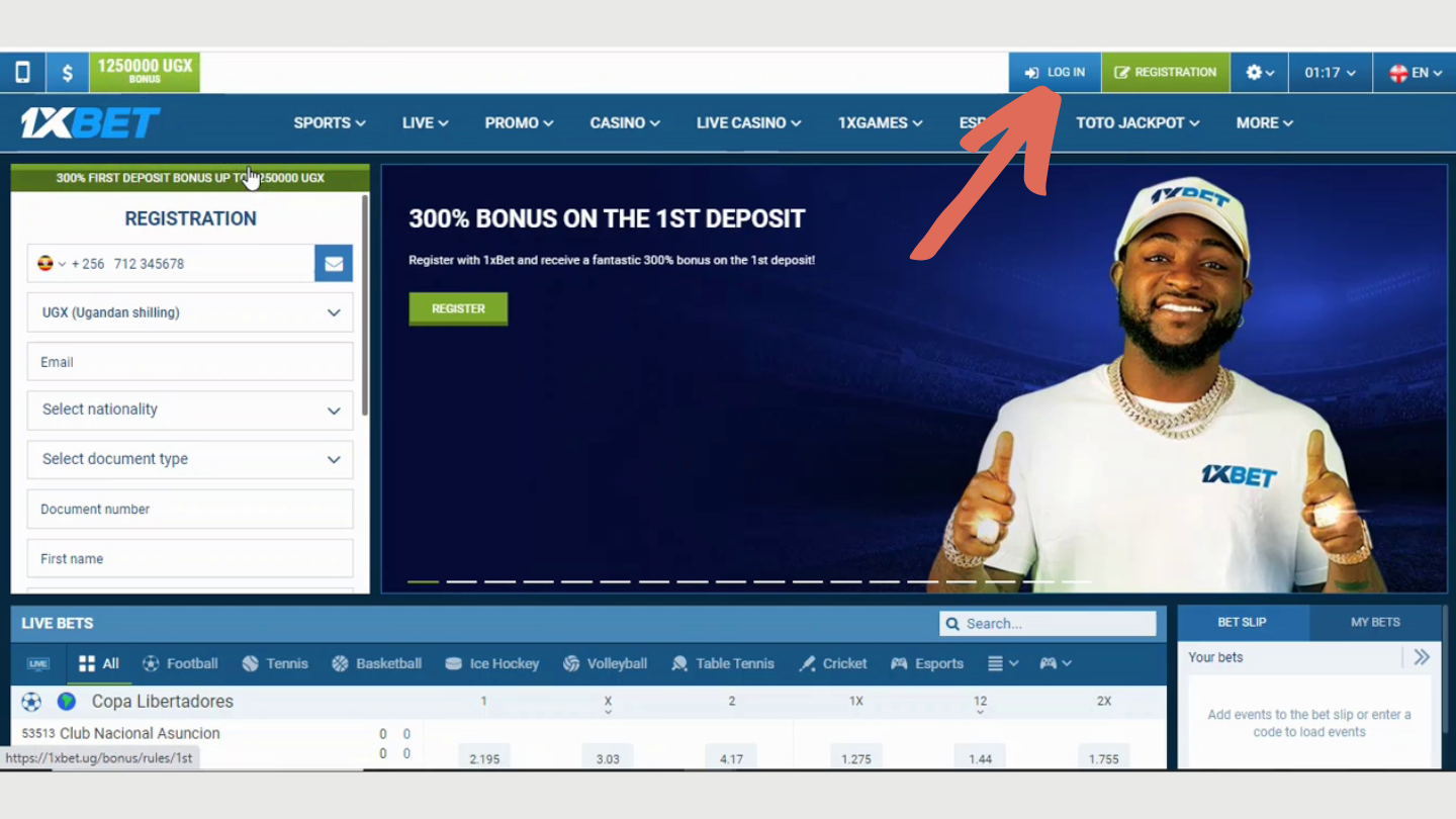 Navigate to the official 1xBet site in Uganda
