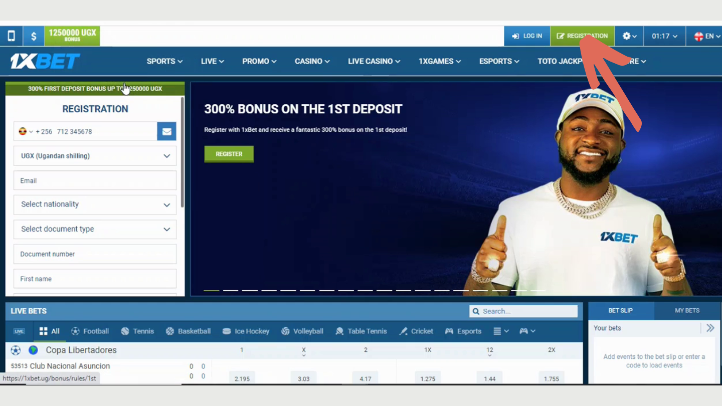 Open the 1xBet website and locate the “Register” button.