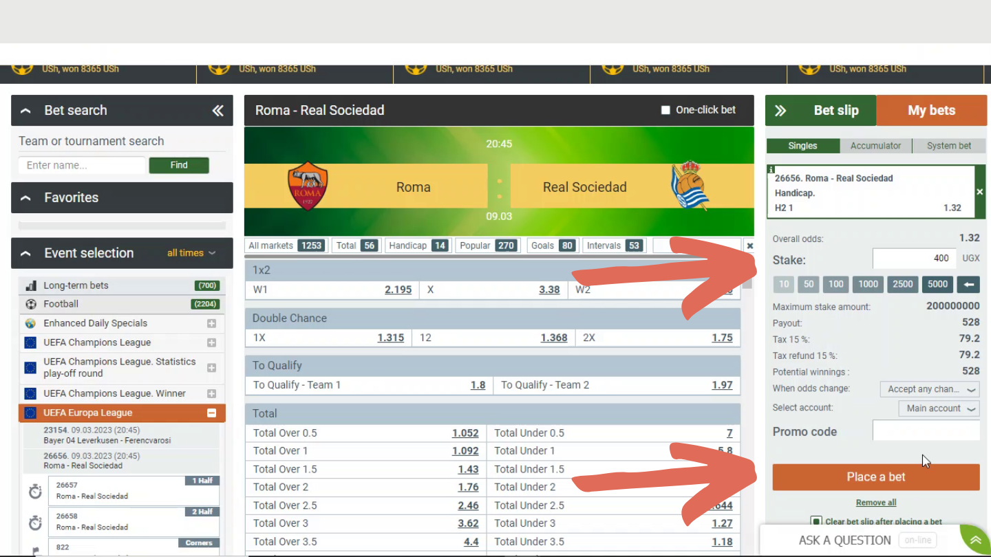 Check to see if everything is correct and enter the amount you wish to stake on the bet. Then confirm the bet.