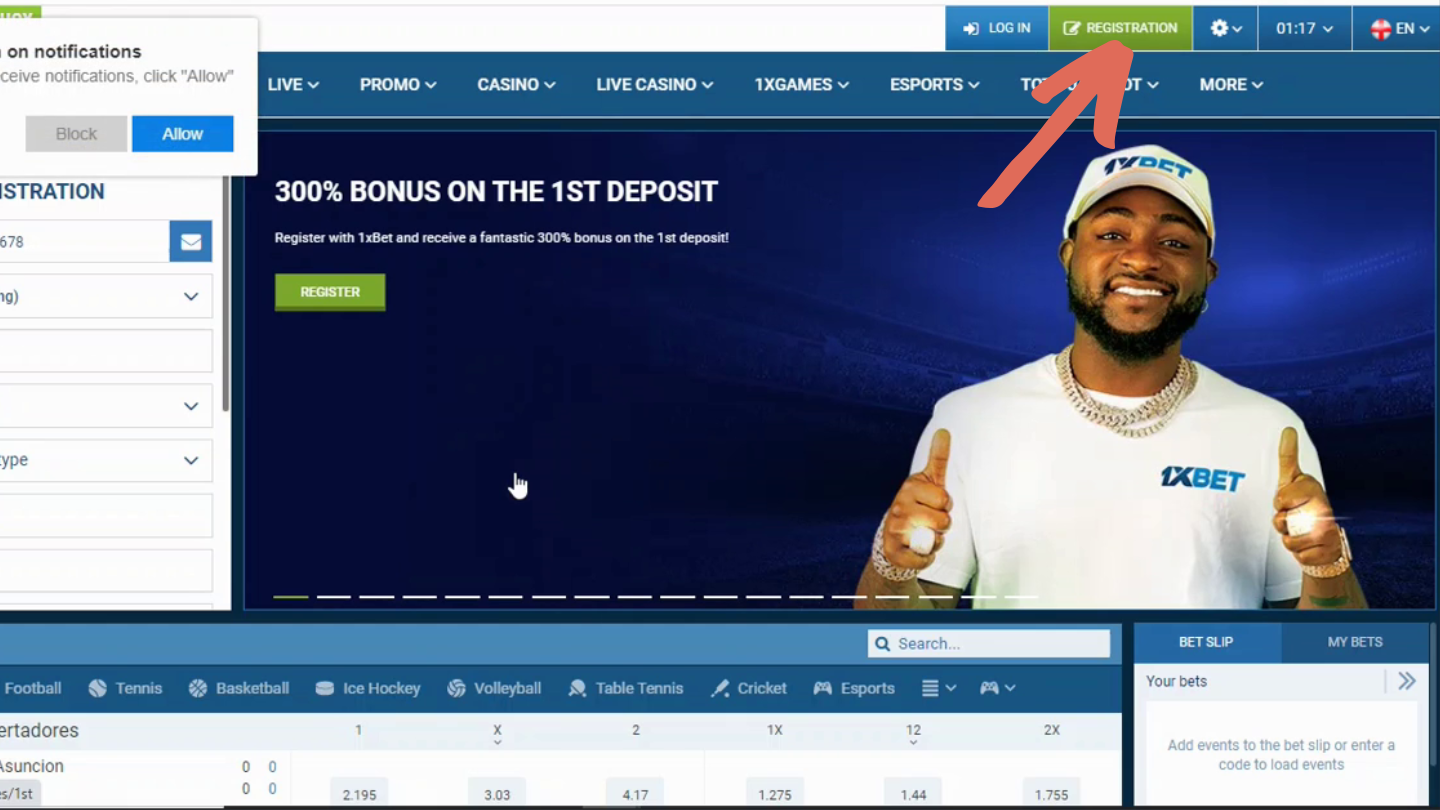 First, find the 1xBet bookmaker via a mobile app or browser. Navigate to the “Register” button and press it.