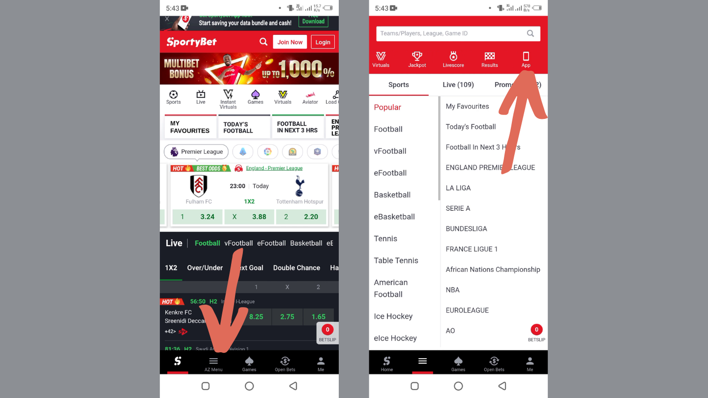 Navigate to the bookie’s official site on your mobile device. Then, locate the red navigation bar on the main page and open the “App” tab on it.