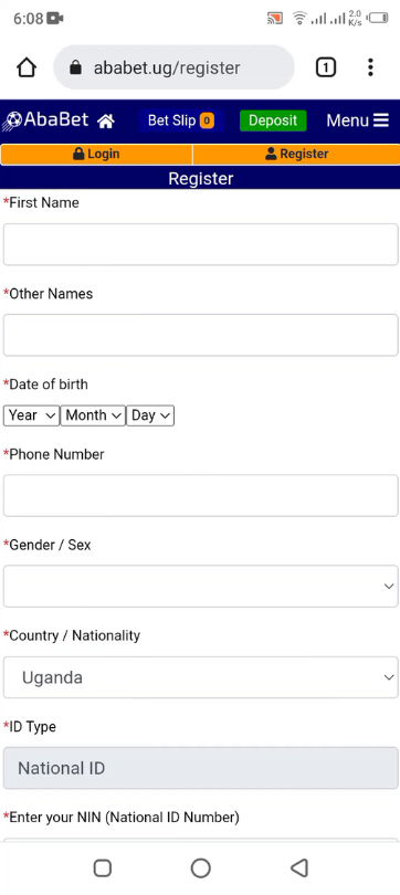 Enter the full name, select date of birth and gender, enter your phone number, and select the country and district. Pick your ID type and enter the NIN and provide your email.