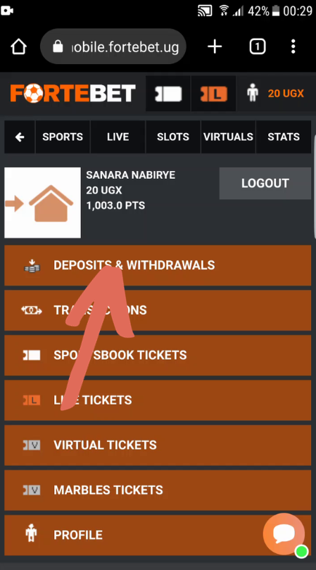 Go to the ForteBet website and login to your account. You find the “Deposit and Withdraw” option on the left side top of the home page.