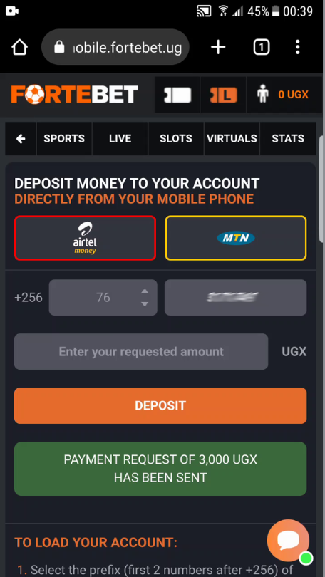 You should receive a payment request on your registered phone number.
Bookmaker When approved, money will be transferred into your ForteBet account.
